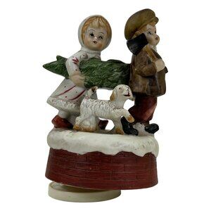 Vintage Rotating Music Box Figurine Children Dog Ceramic Plays O Christmas Tree